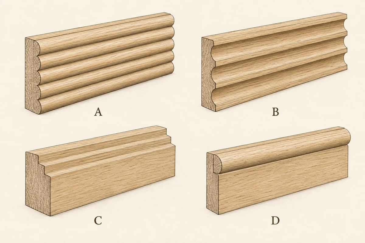 Four timber specimens: A has convex rounded ribs, B has concave channels, C has a stepped edge and D has a separate half-round bead applied to a plain backing board.