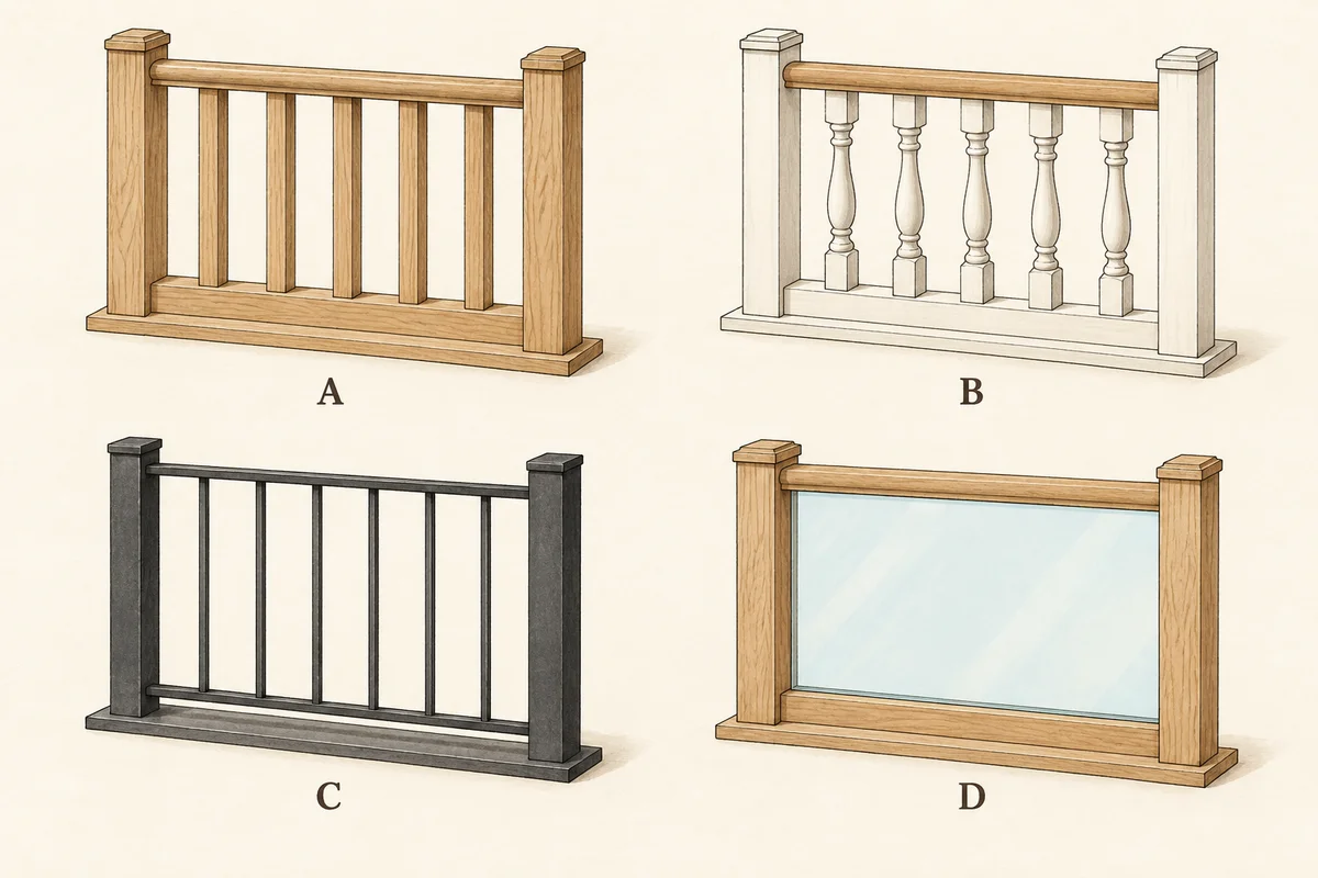 Four detached level balustrade specimens: A plain square oak spindles, B turned white timber balusters with a timber rail, C slim vertical black metal bars, D a pale glass pane between oak posts and rails.