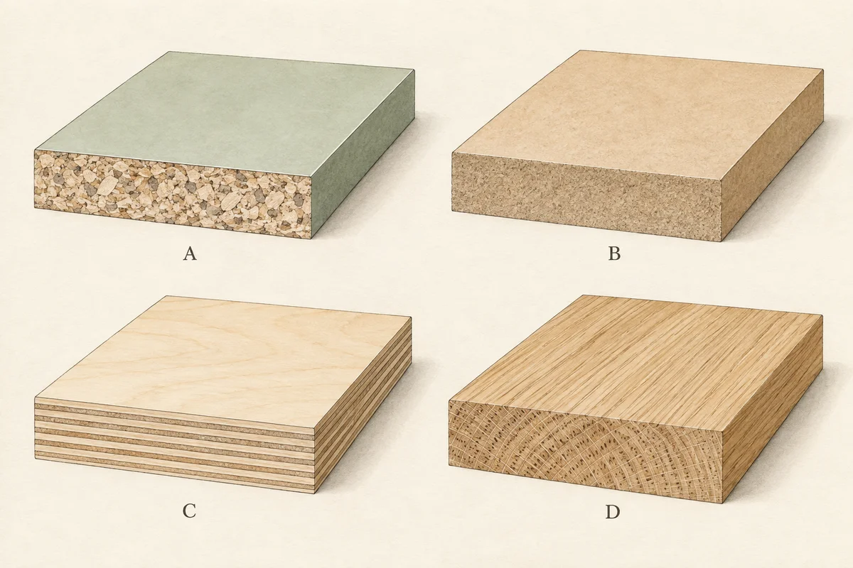 Four illustrative board samples: melamine-faced chipboard with a particle core, uniform MDF, layered birch plywood and solid oak with end grain.