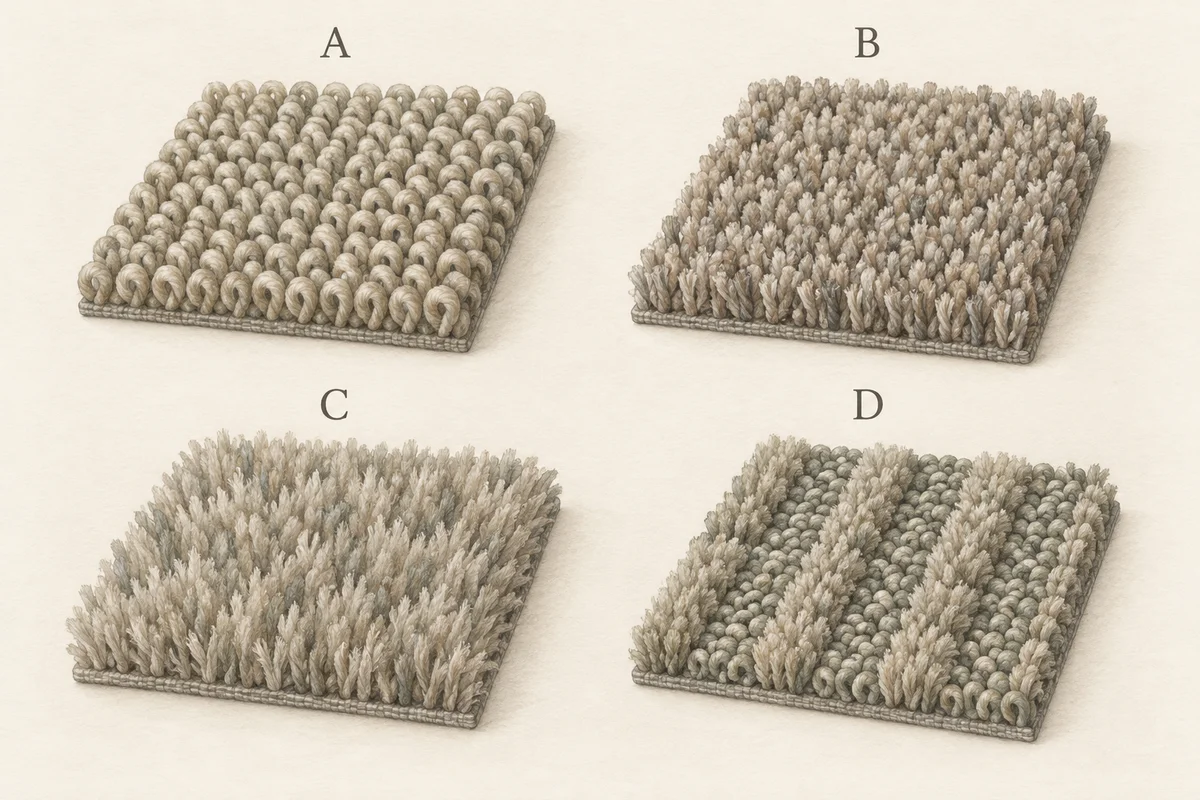 Four carpet surface specimens: A shows even closed loops, B short cut twisted tufts, C longer soft cut tufts and D taller cut stripes alternating with low loops.
