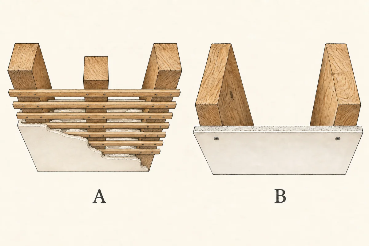Two ceiling cutaways: A is viewed from below, showing continuous timber laths crossing underneath three joists with part of the plaster finish cut away; B shows plasterboard directly below joists.