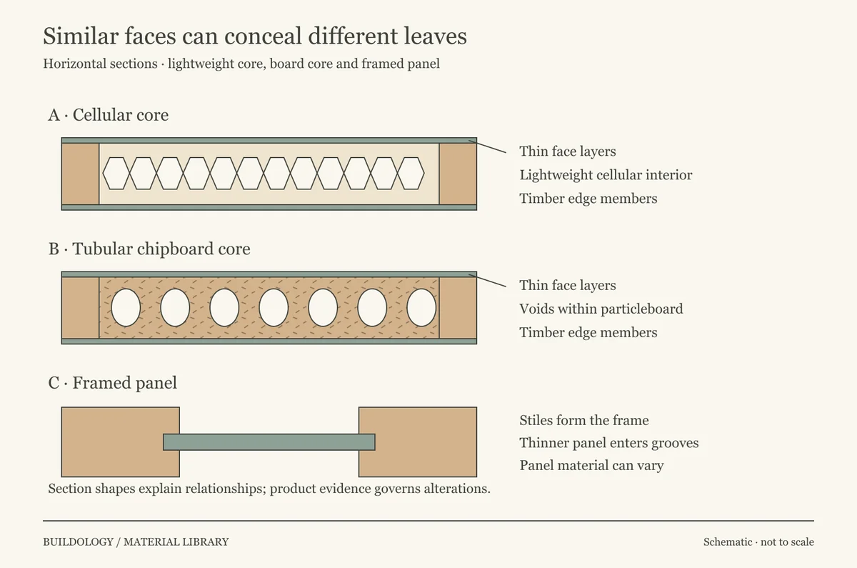 Diagram A shows two thin faces enclosing a cellular core between timber edge members; B shows a tubular chipboard core between faces and edge members; C shows a thinner panel located within grooves in timber stiles.