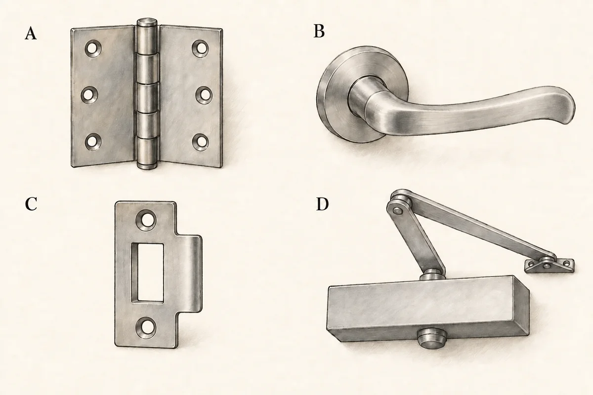 Four illustrated hardware groups: A an open butt hinge, B a lever on a round rose, C a strike plate, and D an overhead closer with an articulated arm.