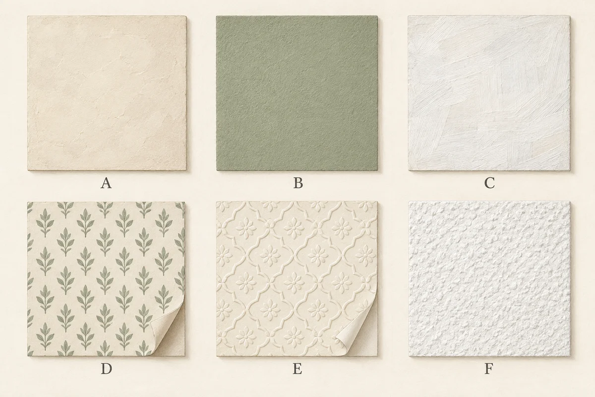 Six illustrated surface samples labelled A to F: pale plaster, green matt paint, a white brushed finish, patterned flat paper, embossed paper and a white stippled coating.