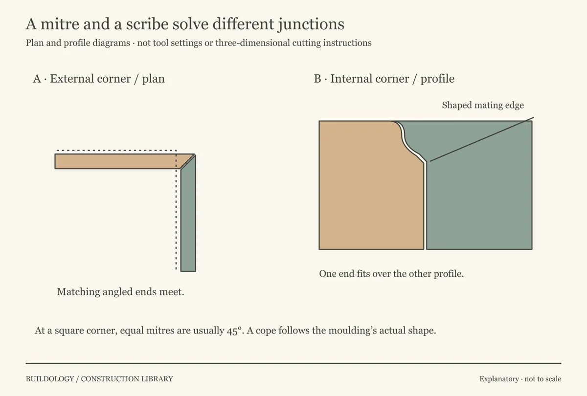 A plan diagram shows two mitred skirting pieces around an external corner; an adjacent profile diagram explains a coped edge meeting the face of an uncut moulding.