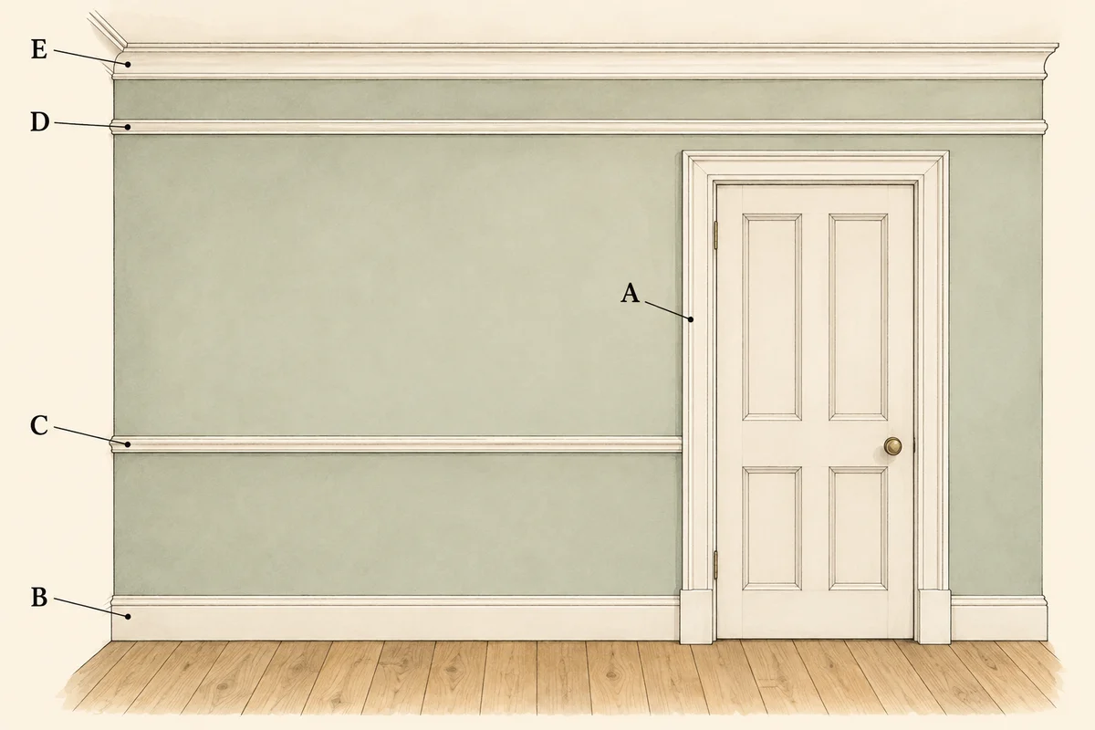Illustrated room elevation: A points to door architrave, B to skirting, C to a dado rail, D to a high picture rail and E to the ceiling cornice. Plain plinth blocks sit at the feet of the architrave.