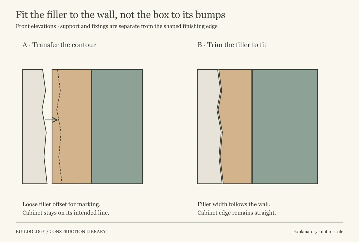 Two elevations show an oversized filler with a traced wall contour and a trimmed filler closing the gap beside a straight cabinet.
