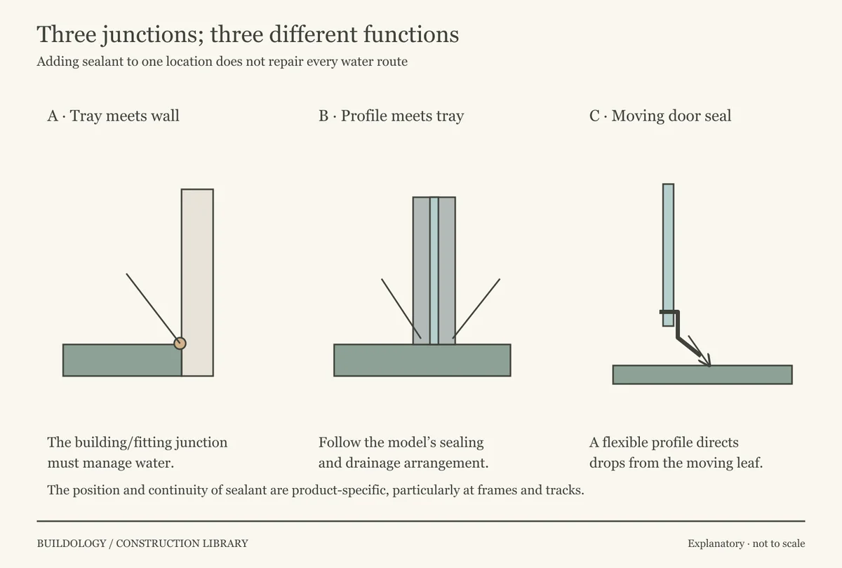 Three diagram panels distinguish the tray-to-wall junction, the enclosure profile-to-tray junction and a moving door seal returning water inside.