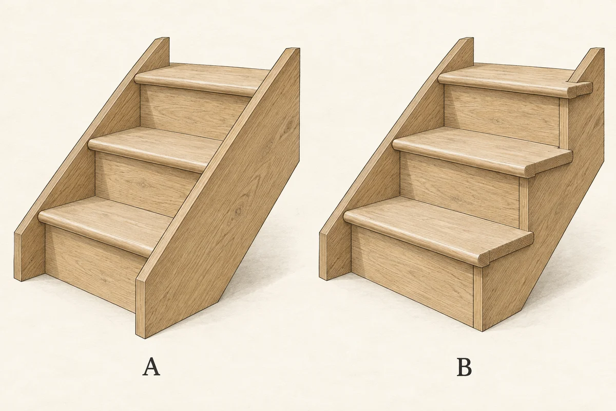Two three-step timber specimens: A has a straight sloping closed string concealing the tread ends; B has an exposed stepped cut string beneath projecting tread ends. Both have closed risers.
