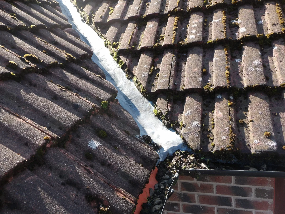 Moss and debris around an exposed roof-valley channel where it meets the rainwater gutter.