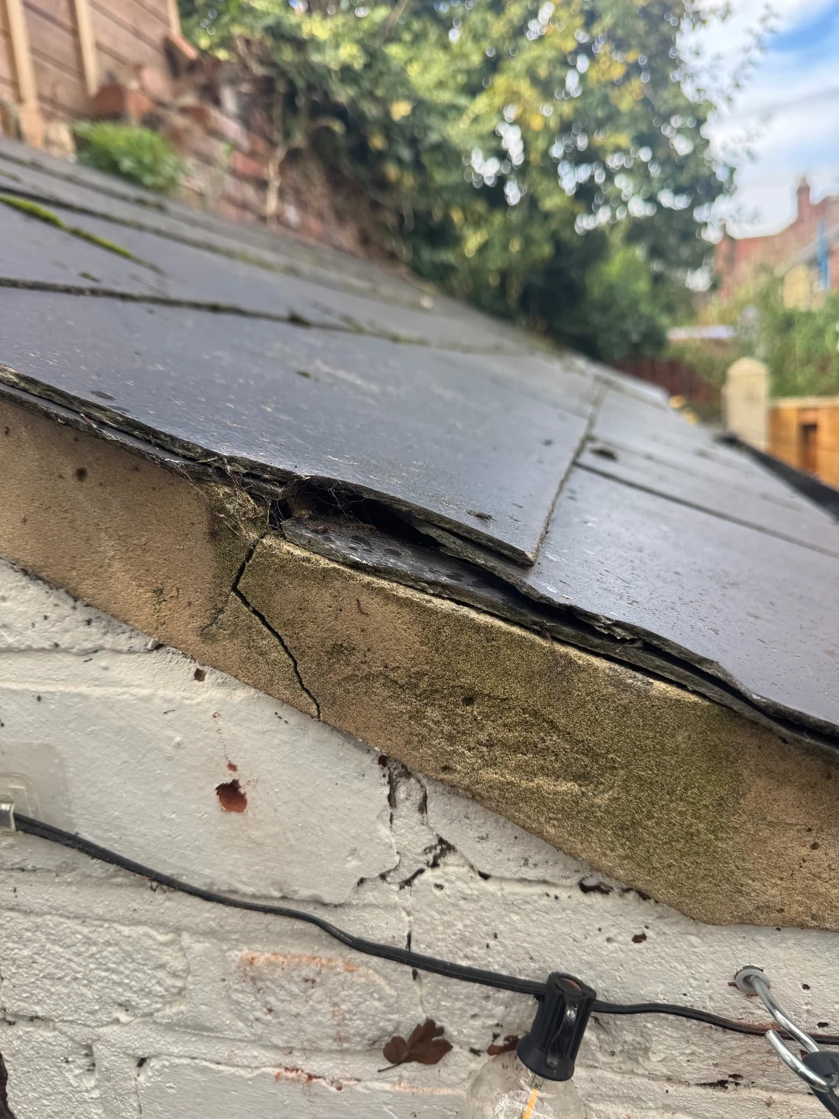 Chipped slate edges and cracked mortar bedding at the edge of a pitched roof.