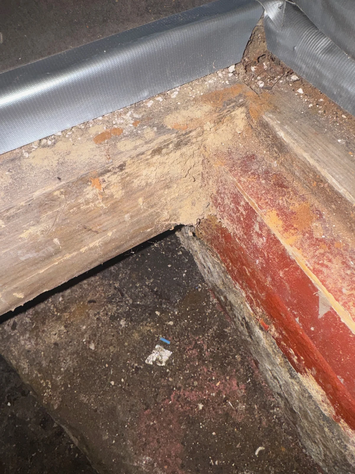 An exposed timber edge and masonry at a cellar access opening, with worn finishes and debris at the corner.