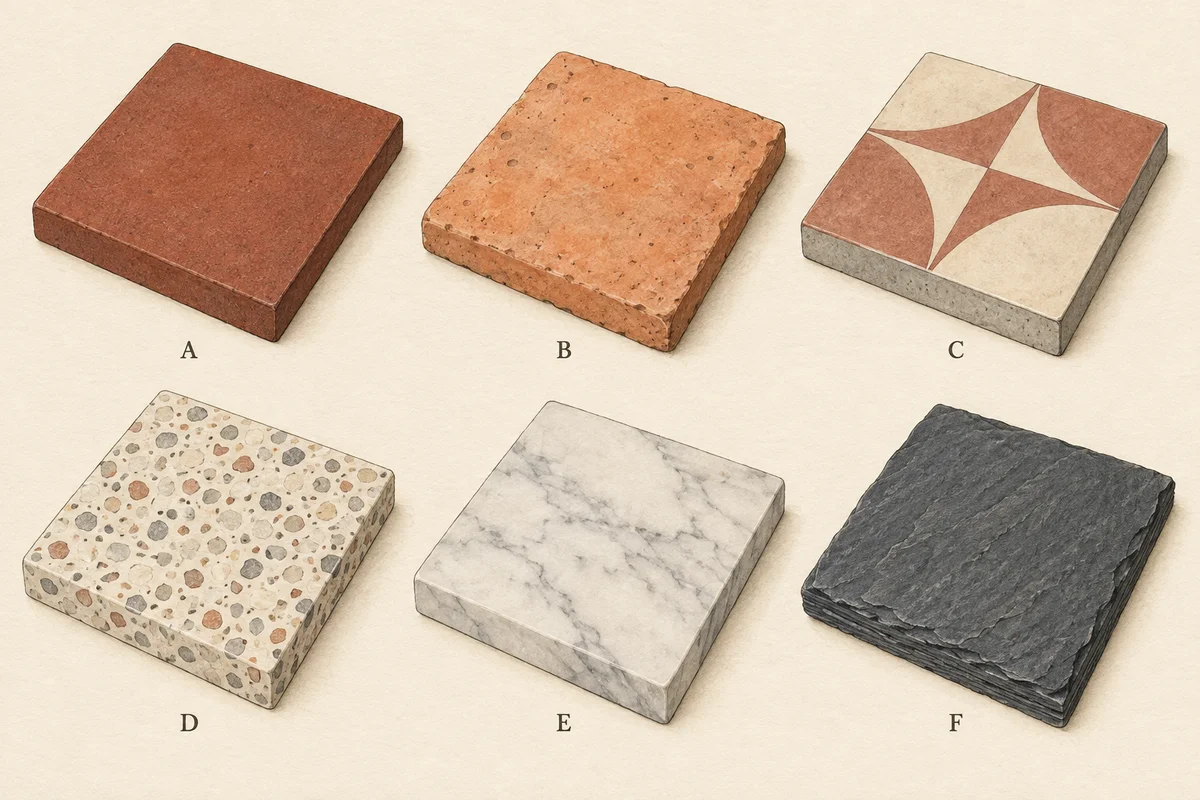 Six square flooring samples: A plain red quarry tile, B mottled orange terracotta, C patterned cement tile, D pale terrazzo with aggregate chips, E veined marble and F dark cleft slate.