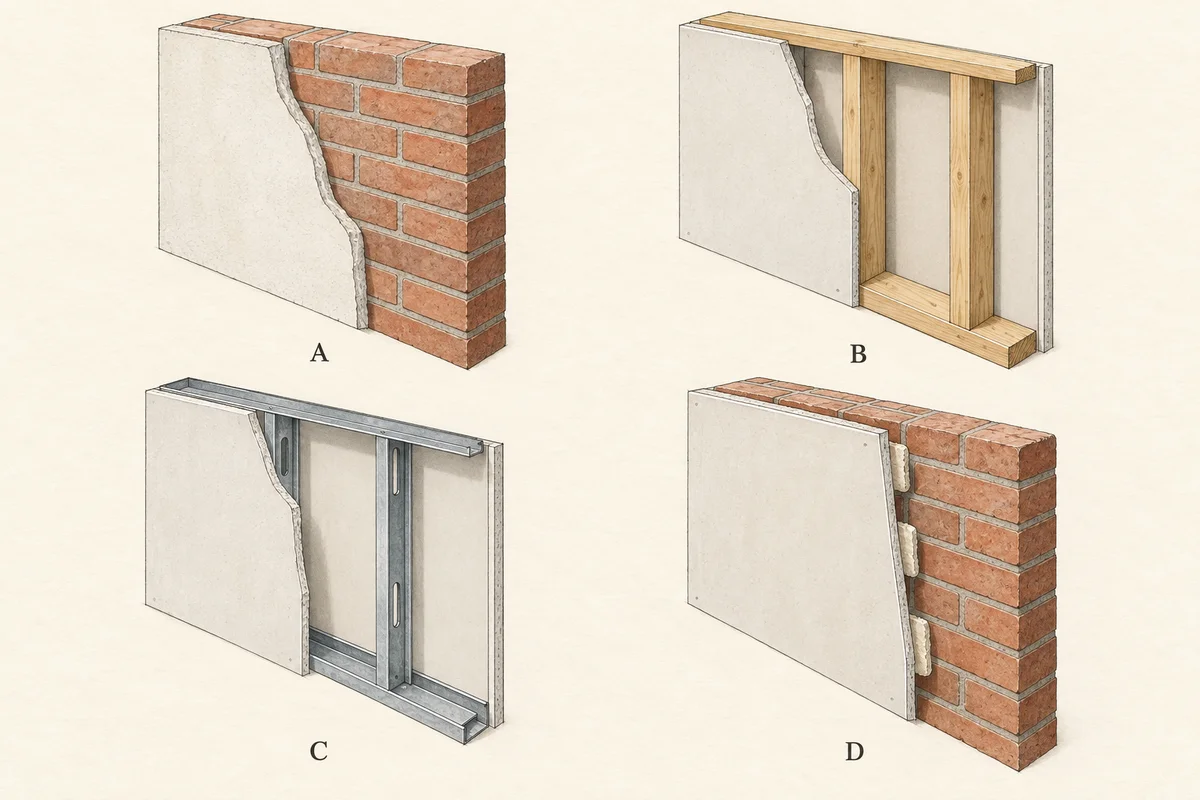 Illustrated comparison of internal wall construction, with finishes and supporting layers exposed.
