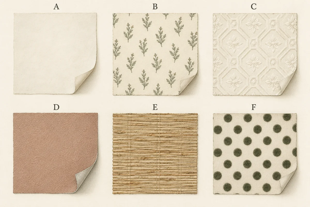 Six illustrated swatches: A plain lining paper, B flat printed sprigs, C raised embossed pattern, D lightly textured vinyl-like face, E woven natural strands and F a raised velvety dot pattern.