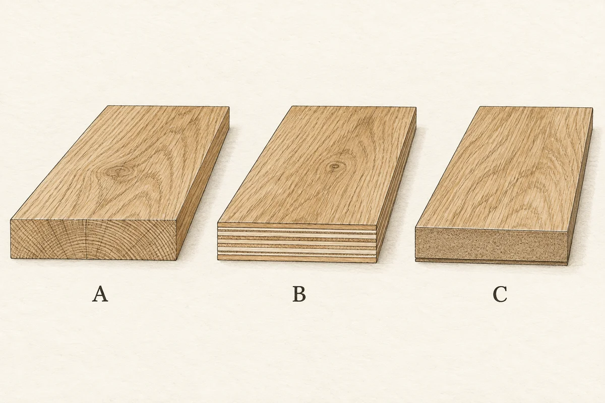Three illustrated board offcuts: A has continuous timber and end grain; B has a real wood face over several plywood layers; C has a very thin printed face over a uniform brown fibreboard core.